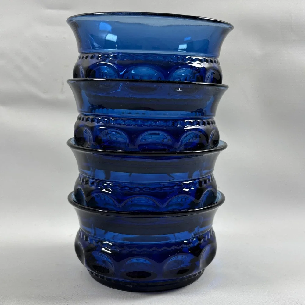 Vintage Indiana Glass Kings Crown Thumbprint Dessert Bowl Set of 4 Cobalt Blue
